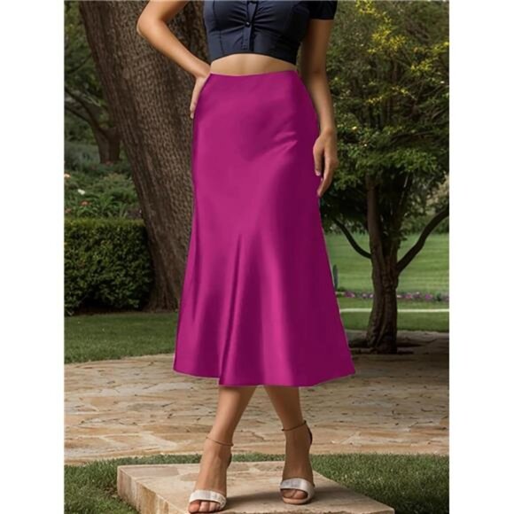 Women's Satin High Waist A Line Midi Skirt Dark Pink - Picture 3 of 5